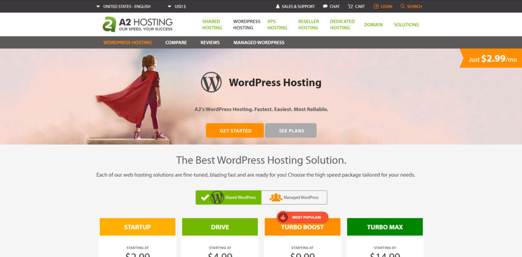 A2 Hosting's Landing Page